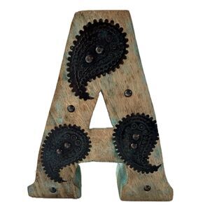 Southwestern Rustic Mixed Media Metal Accents Wooden Teal Washed Letter A Decor